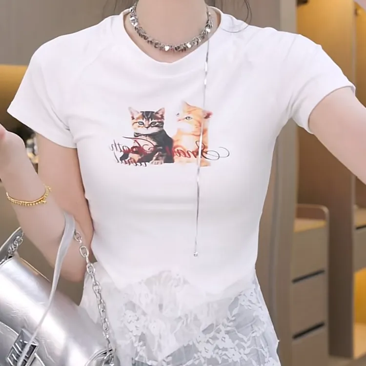 设计感不规则蕾丝下摆猫咪印花短袖t恤女2025春夏套头圆领上衣