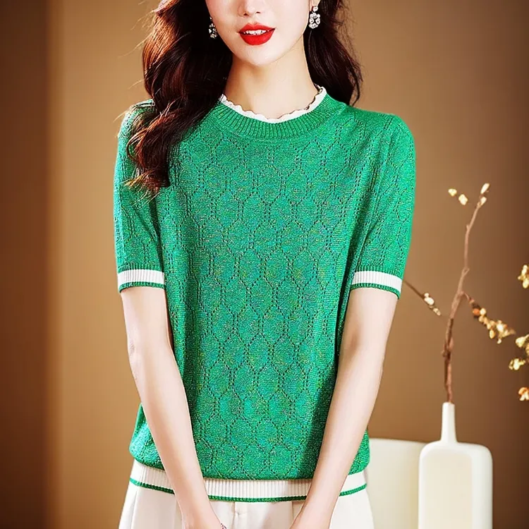 圆领套头纯色2024年秋季短袖时尚百搭显瘦针织衫
