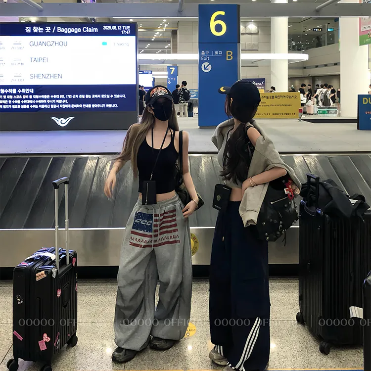 2025夏季慵懒风宽松卫衣外套百搭休闲吊带美式抽绳阔腿印花卫裤