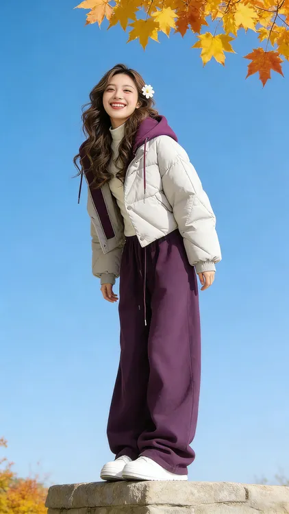 2025新款巨好看短款套装设计感紫色冬装棉服外套女款冬季棉袄裤子