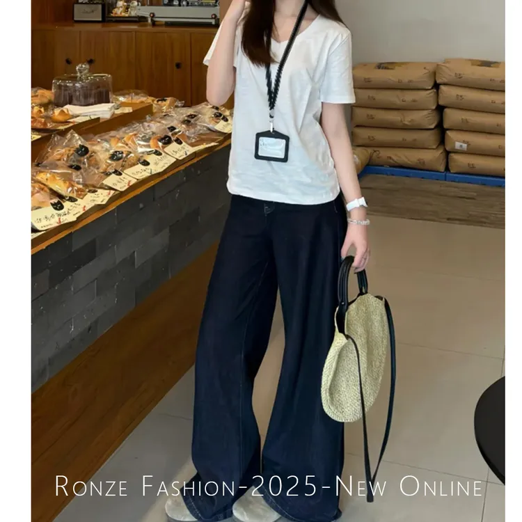 美式原牛ins风阔腿牛仔裤女百搭极简风老钱丹宁色白色牛仔拖地裤