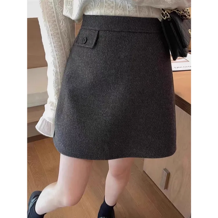 【薇薇专属】灰色毛呢短裙女秋冬款胖mm高腰遮胯显瘦a字休闲半身裙
