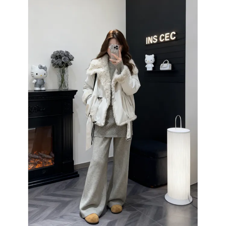 INS CEC羊羔毛领派克服环保皮草外套秋冬新款加厚保暖棉服棉袄