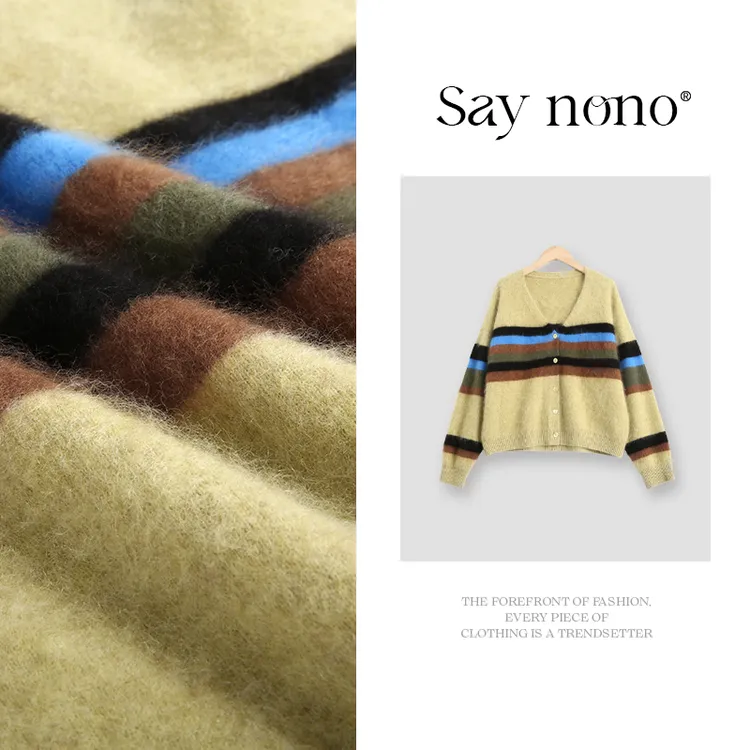 懒猫nono│Saynono 秋日来信 撞色羊绒羊毛拉毛V领开衫/XXFH6003