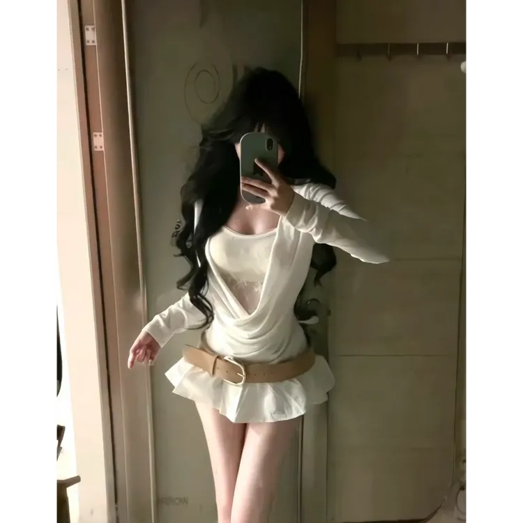 法式上衣女秋性感堆堆领设计感修身纯欲风打底衫高腰短裙两件套