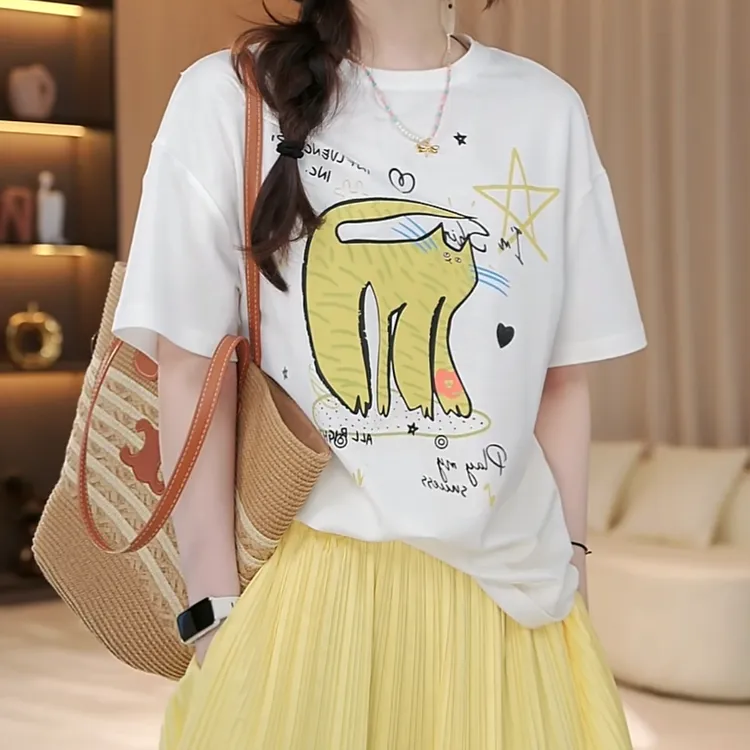 圆领短袖t恤女设计感卡通滑板小猫图案2025夏季新款宽松百搭上衣