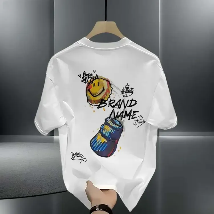 2025新款潮牌男士纯棉白T恤圆领上衣印花时尚宽松短袖打底衫夏季