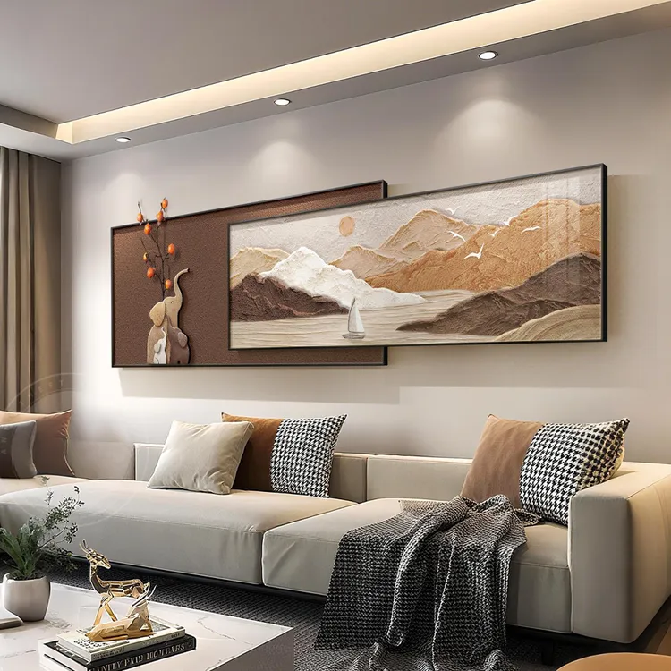 柿柿如意客厅装饰画简约沙发背景墙挂画高级感2025新款叠加壁画