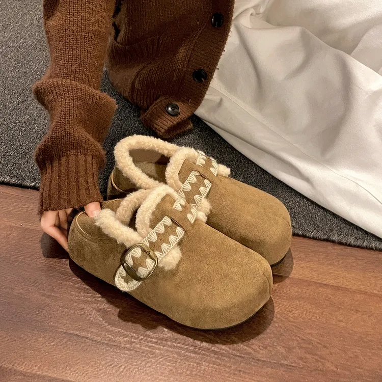 啄木鸟厚底灰色勃肯拖鞋女加绒2025秋冬新款韩版包头毛毛半拖棉拖
