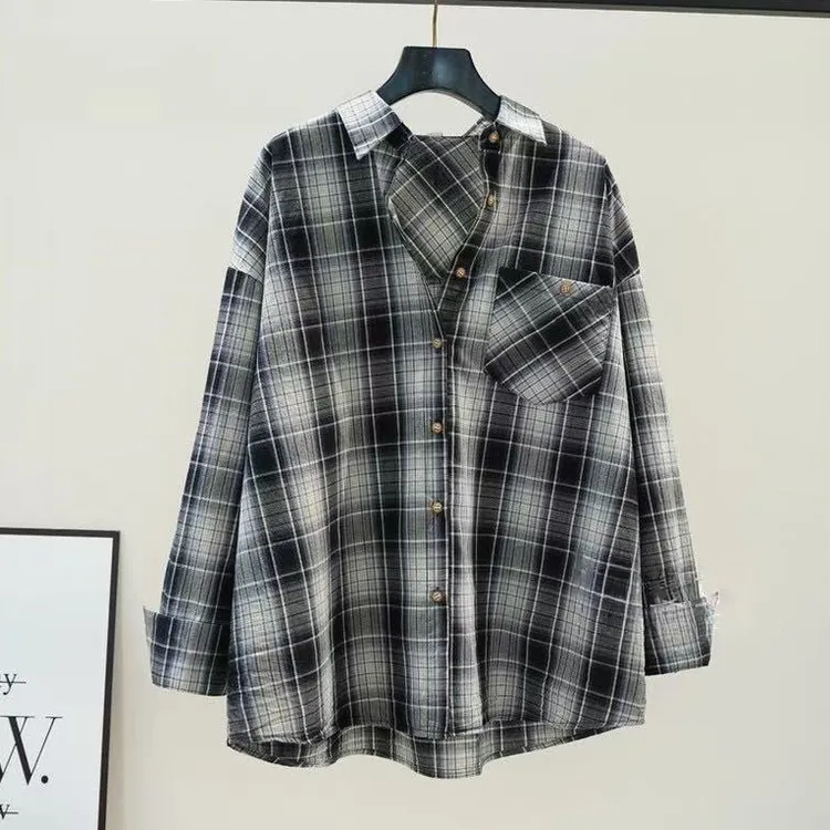复古风文艺范黄色慵懒风休闲格子衬衫外套女纯棉长袖宽松开衫上衣