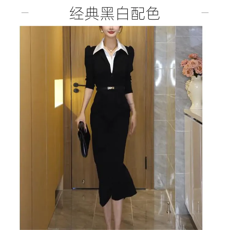 2025春季新款气质修身显瘦拼接POLO领后开叉中长款法式连衣裙