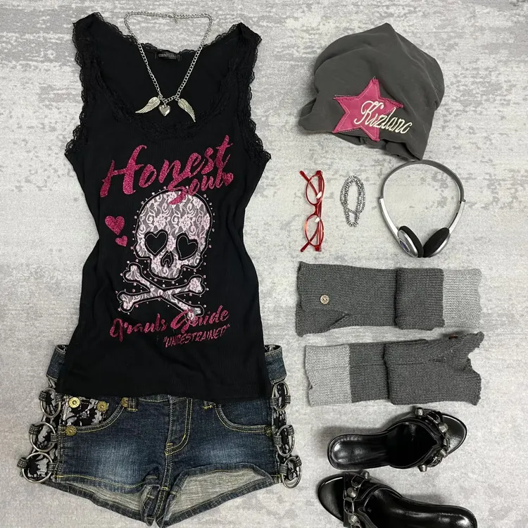 古着夏季绣花打底骷髅头印花重工亚文化修身显瘦背心出游服装女