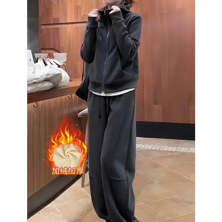 加绒加厚保暖休闲套装女2025冬季新款连帽口袋卫衣阔腿裤两件套装