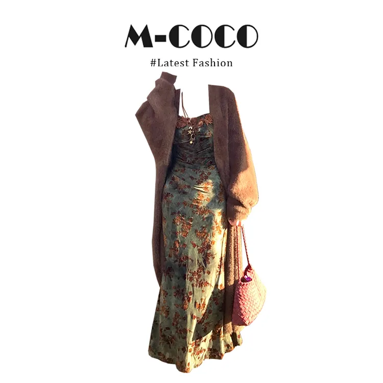 MARIE.COCO老钱风新中式慵懒毛衣长款针织开衫碎花吊带连衣裙套装