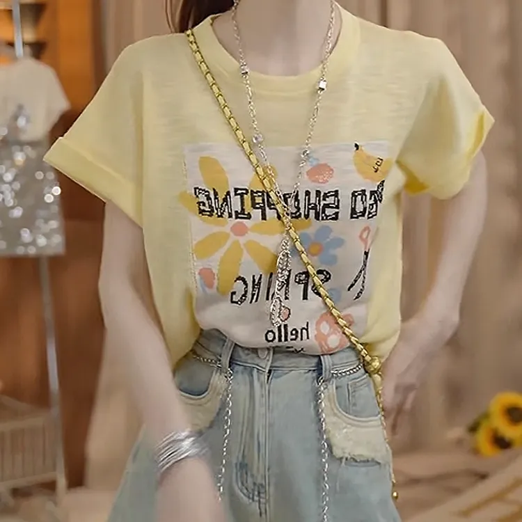 设计感薄款卡通印花图案休闲圆领半袖T恤2025年夏季新款休闲上衣