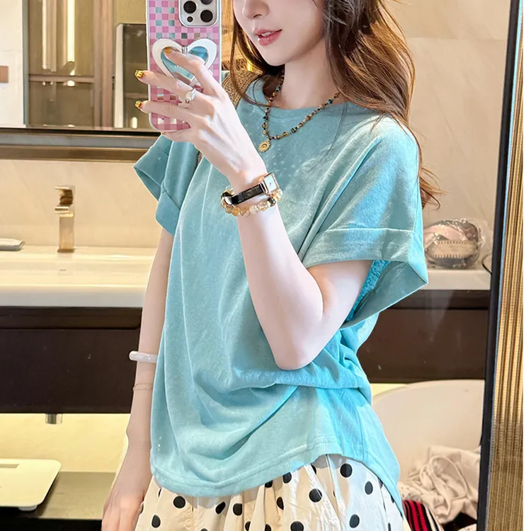 夏日ootd穿搭独特漂亮小上衣多巴胺洋气减龄蓝色雪花棉新短袖t恤