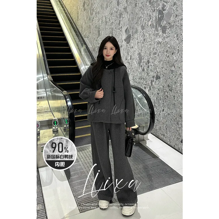 Liixu秋冬连帽宽松外套女高腰阔腿裤两件套90绒羽绒服L48TZ071