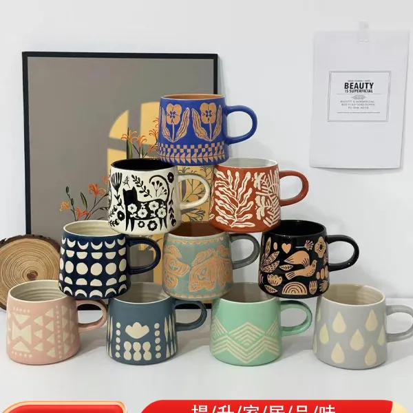 好看复古高级感马克杯手绘简约高颜值ins大容量情侣陶瓷水杯微瑕