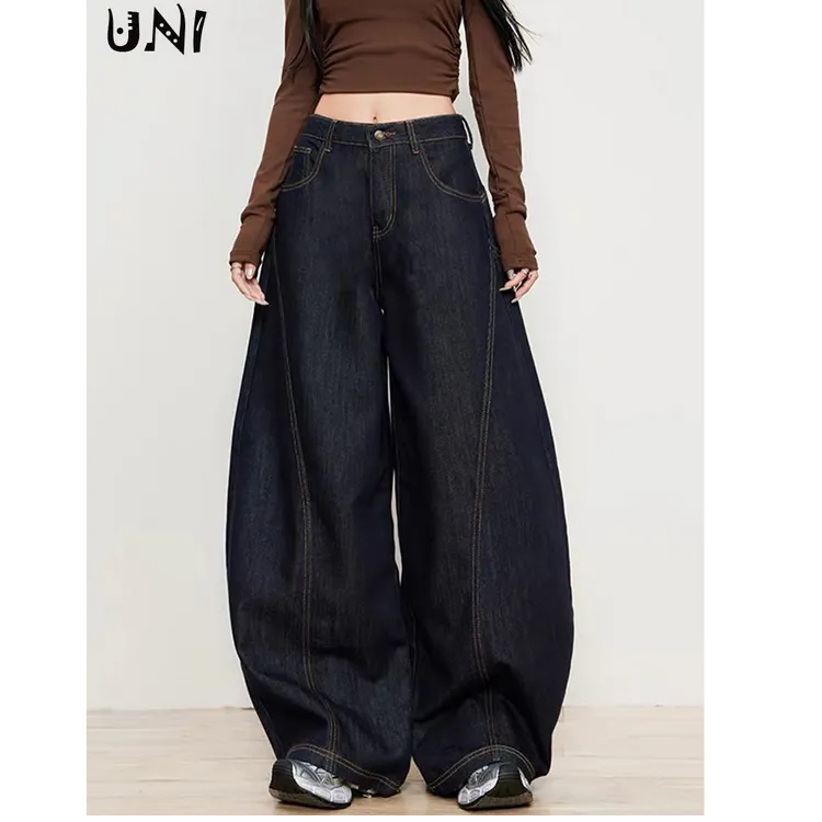 复古原色弯刀牛仔裤女2025新款秋季深蓝高腰显瘦宽松防掉色阔腿裤