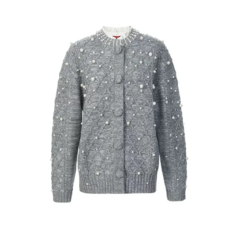 LeFame/拉飞姆24秋LF24Q41ZM118灰色菱格纹钉珠针织外套轻奢