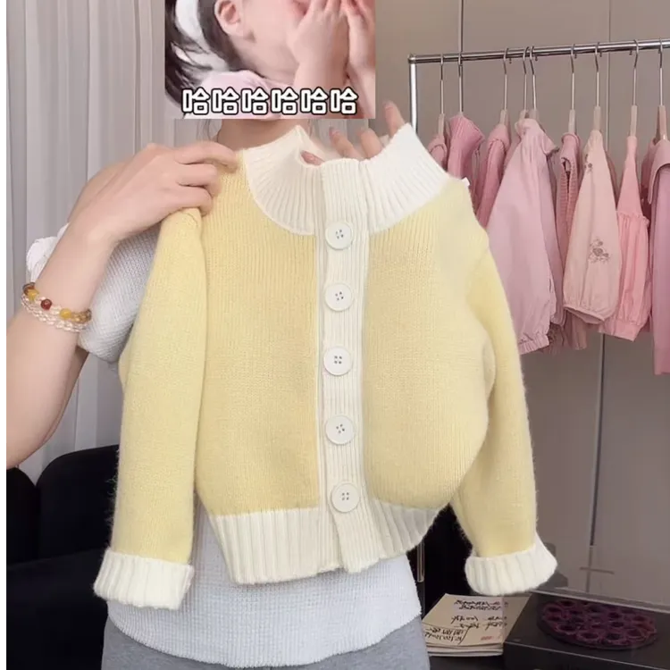 秋冬装儿童韩版简约撞色休闲宽松多色针织毛衣开衫