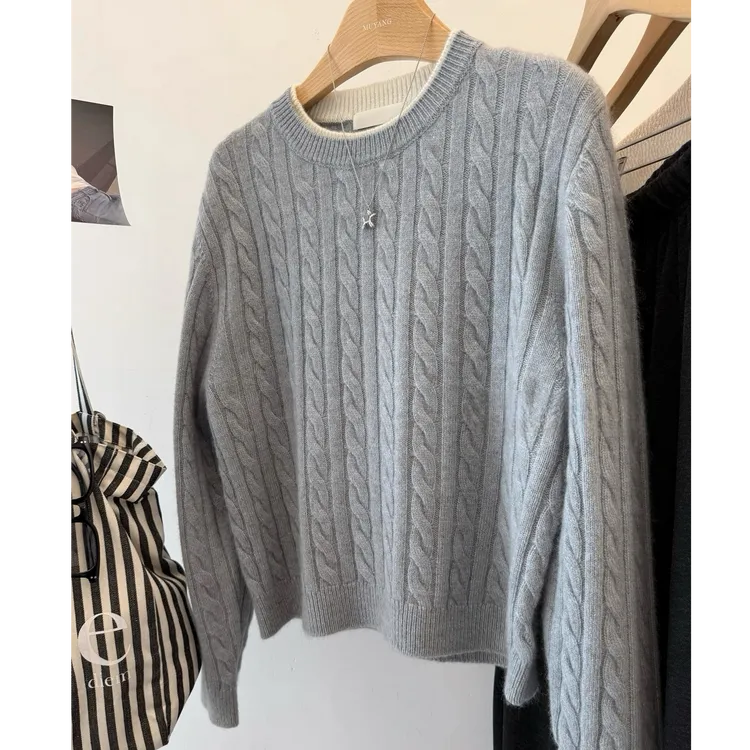 质感巨好全毛双色领超洋气圆领慵懒韩系软糯针织衫秋冬新麻花毛衣