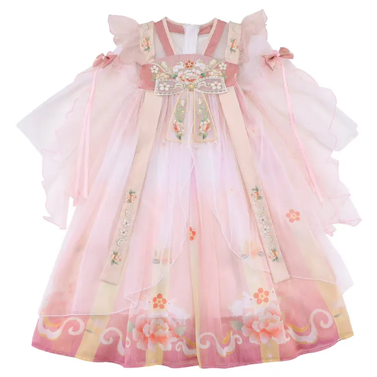 高端夏季汉服女童连衣裙古风超仙唐装蝴蝶袖刺绣牡丹花多层襦裙