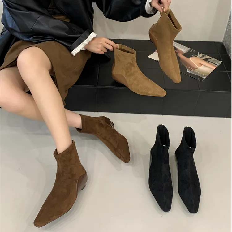 韩版方头绒面低跟瘦瘦靴女秋冬新款百搭小踝靴粗跟配裙子短靴女潮