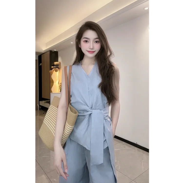 善雅/显瘦韩系气质3129大女主系绳无袖背心+休闲裤两件套套装夏季