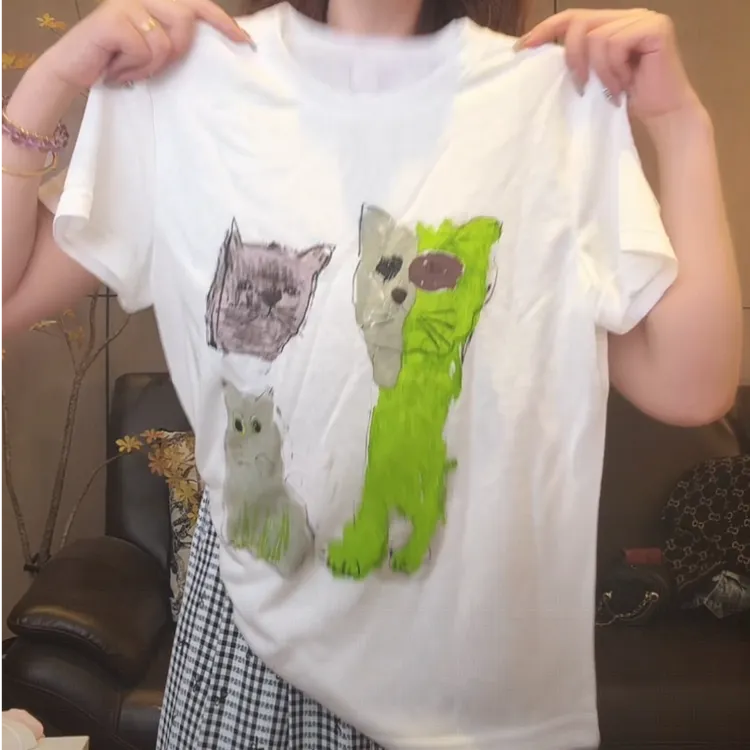 卡通印花小圆领短袖T恤女夏装2025新款体恤宽松休闲减龄时尚上衣