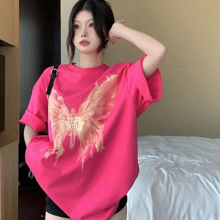 玫红色大码短袖T恤女mm2025新款时尚宽松中长款大版上衣ins