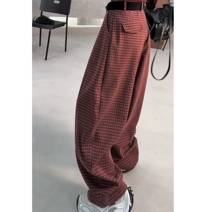 秋冬新款时尚百搭欧货毛呢休闲裤大码女装宽松时尚洋气减龄弯刀裤