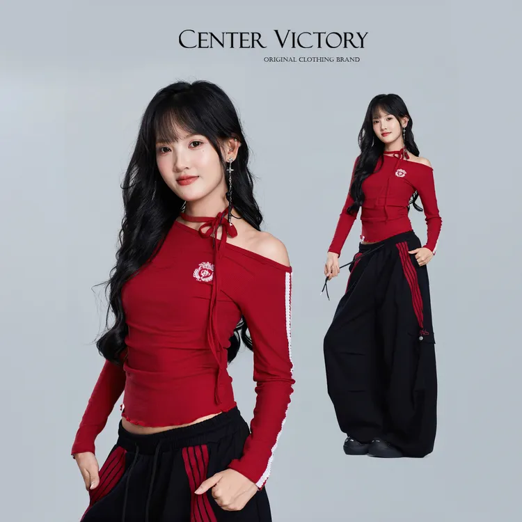 【达人专属】CV新广场舞潮牌叛逆斜肩系带上衣显瘦长袖修身红色设计