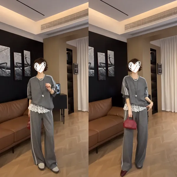 2025早春时尚套装蕾丝下摆拼接圆领长袖卫衣休闲阔腿裤两件套女