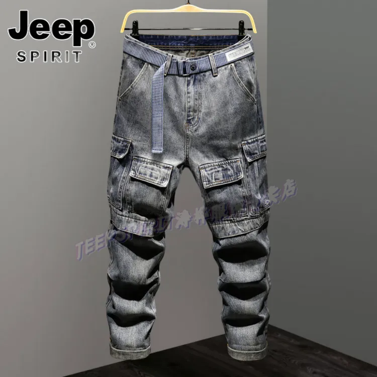 Jeep吉普高端潮牌户外工装牛仔裤男款宽松直筒裤子痞帅多口袋长裤