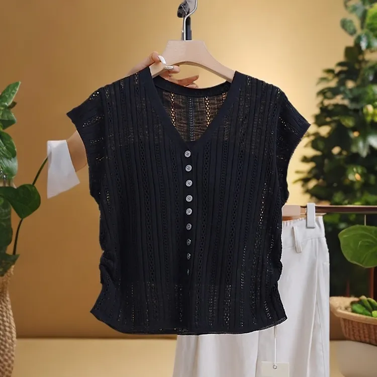 镂空高级感短袖V领针织衫女夏2025新款洋气百搭显瘦设计感t恤上衣