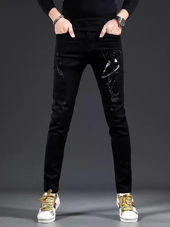 2025早秋款牛仔裤男士刺绣烫钻修身小脚欧货潮流百搭牛仔裤男