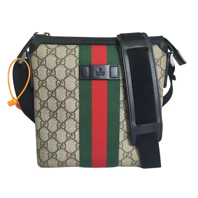 95新 GUCCI/古驰 老花小号男士竖款邮差包时尚经典双G单肩斜挎包