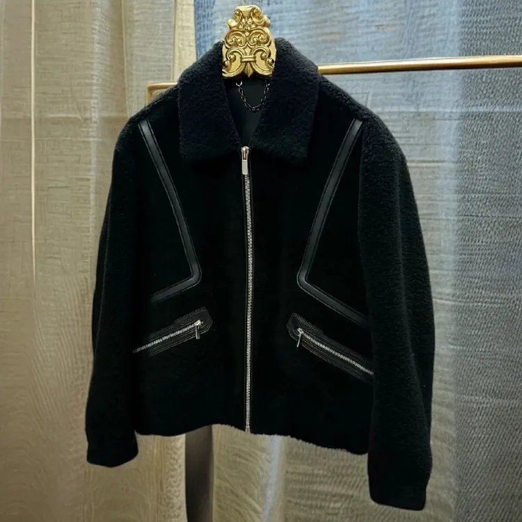 老钱风男士秋冬新款100羊毛配皮时尚高级翻领保暖夹克25138L