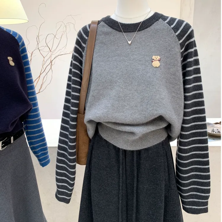 【80-200斤】韩系穿搭针织上衣女秋冬条纹刺绣宽松显瘦毛衣打底衫潮