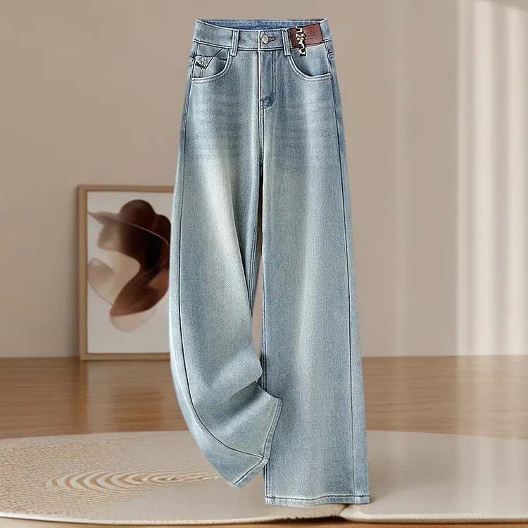 加绒浅蓝色牛仔裤女秋冬窄版阔腿裤2024新款高腰宽松保暖直筒裤子
