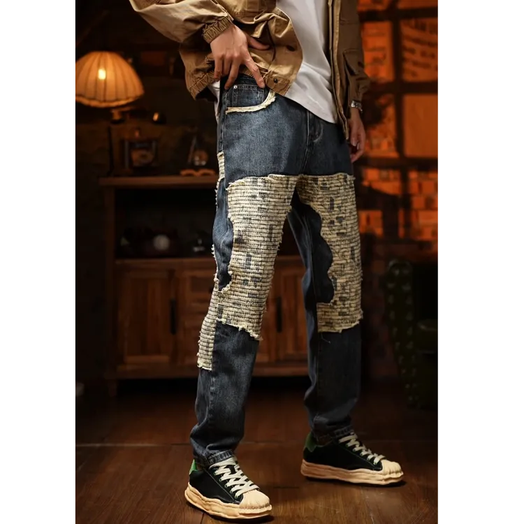 2025美式潮牌个性拼接牛仔裤男士宽松微锥直筒潮流秋季新款长裤子