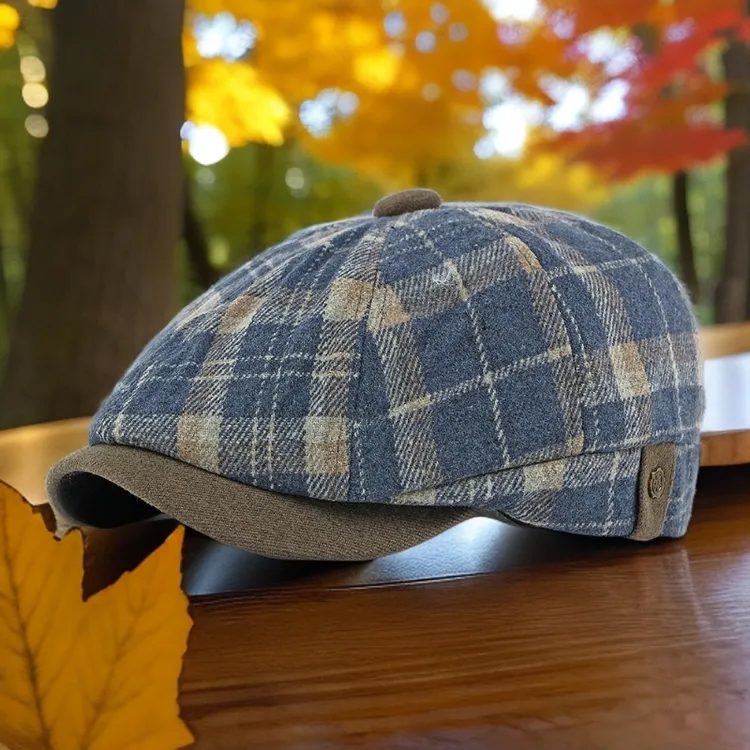 冬季时尚潮加绒保暖帽子男女八角帽名族复古格纹鸭舌帽机车报童帽