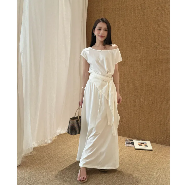 YPP！【素素美女感】定制气质不规则系带T恤披肩半身裙三件套