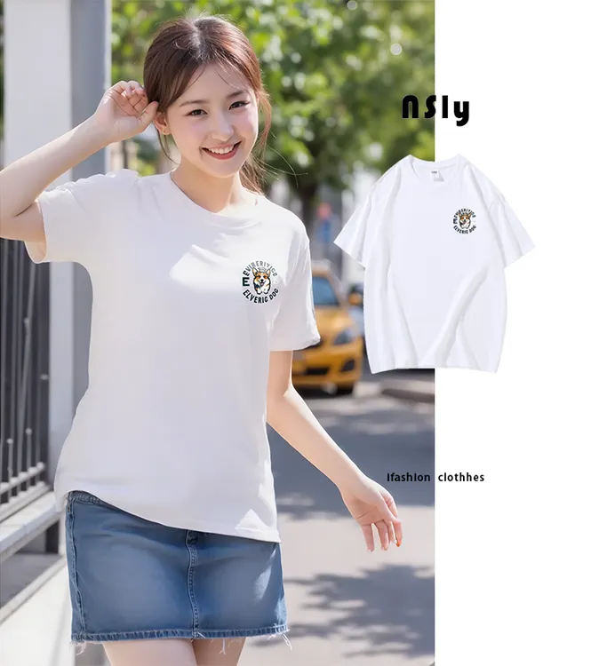 夏季短袖女款日系宠物印花落肩袖百搭圆领宽松休闲治愈t恤卡通