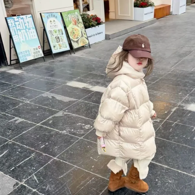 壹妈童装女童地韩版秋冬季加厚保暖米色时髦百搭中长款连帽羽绒服