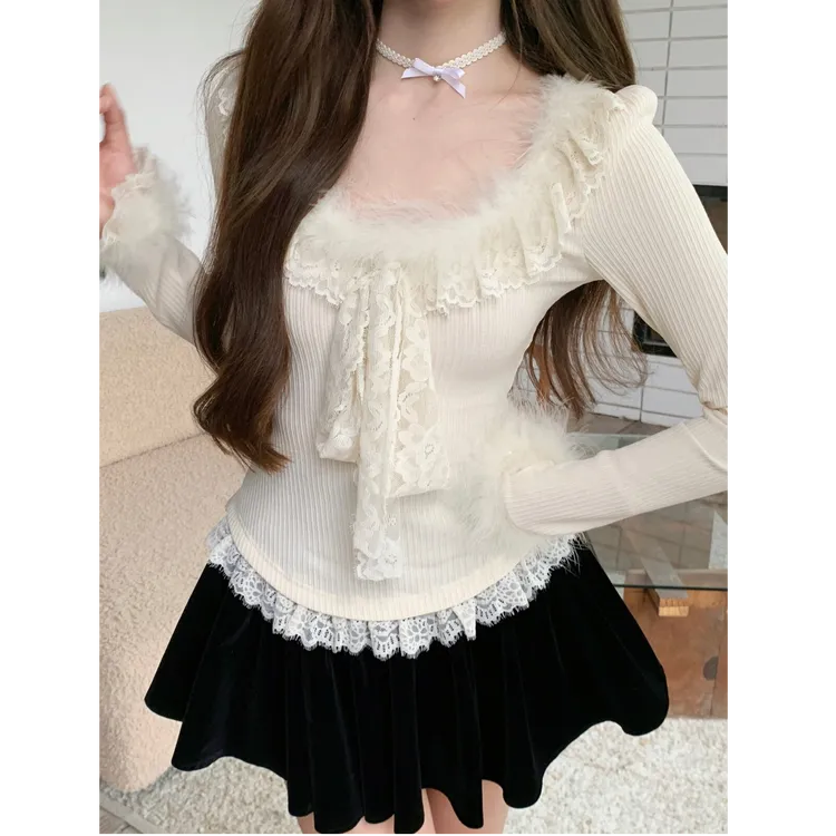 【一萍】大码女装纯欲少女修身蕾丝边毛毛针织上衣14084