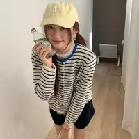K2268 配色领边 细条纹圆领长袖毛衣外套女秋冬