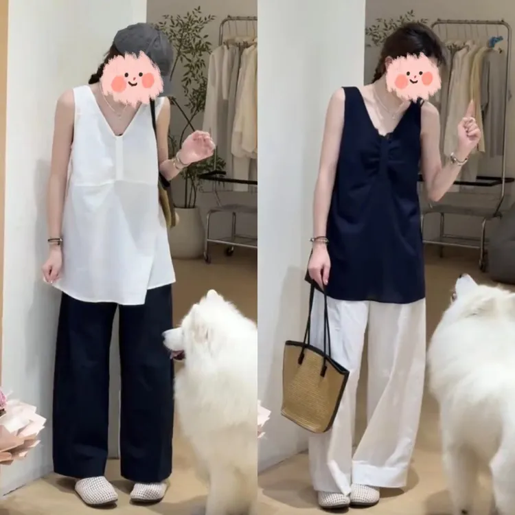 韩系小众褶皱V领背心女设计感宽松显瘦无袖上衣+高腰阔腿裤两件套