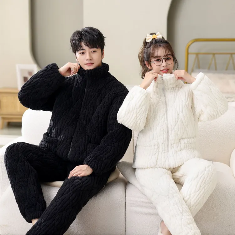 情侣款三层夹棉家居服加绒加厚保暖睡衣冬季新品可外穿